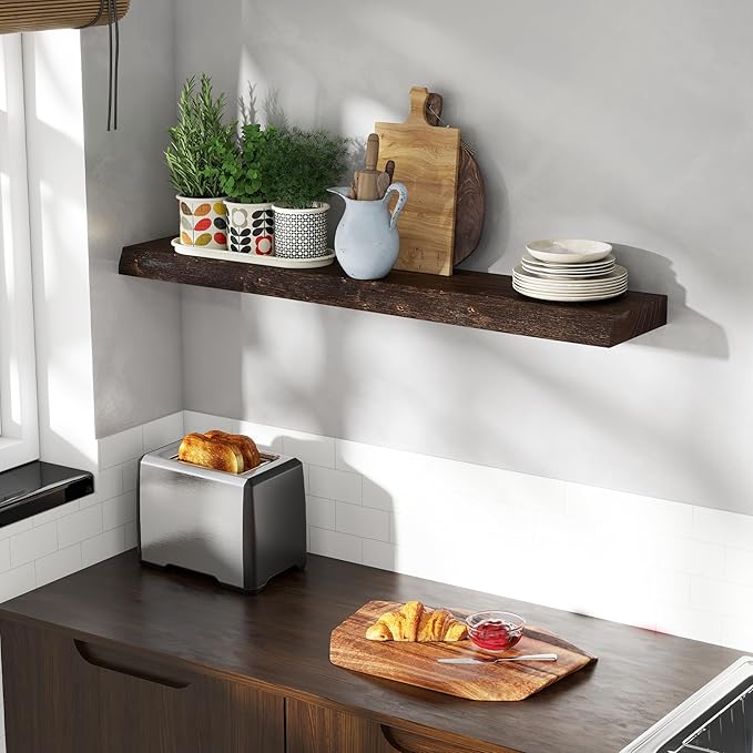 Live Edge Elm Wood Floating Shelves, 40 Inch Long Wall Shelves 1 Pack Shelf for Farmhouse Bedroom Bathroom Kitchen, Wall Mounted Wooden Shelf with Invisible Bracket for Books Decor, Walnut