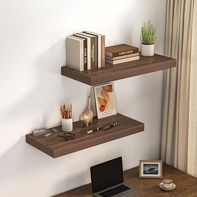 Dreamland 32" Floating Shelves for Wall, 12" Deep Thicker Walnut Floating Shelves, Wall-Mounted Shelves for Bedroom, Living Room, Kitchen, Bathroom - Set of 2
