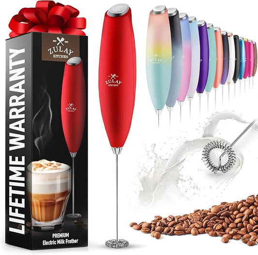 Zulay Powerful Milk Frother for Coffee with Upgraded Titanium Motor - Handheld Frother Electric Whisk, Milk Foamer, Mini Mixer and Coffee Blender Frother for Frappe, Latte, Matcha, No Stand - Red