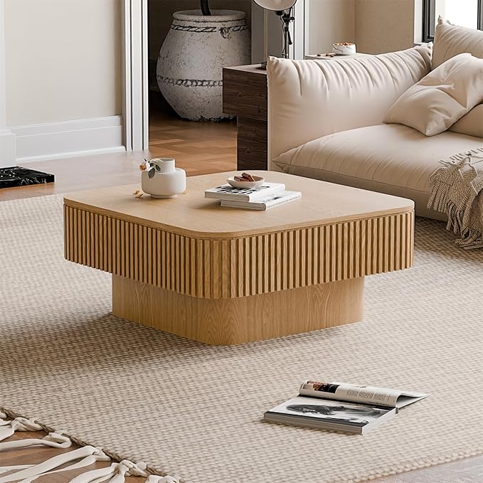 SZTHHDF Square Coffee Table for Living Room,Fluted Drum Accent Tea Center Table with Storage,Solid Wood Modern Coffee Tables for Small Space Office Apartment (31.5" L×31.5''W×14''H-Natural)