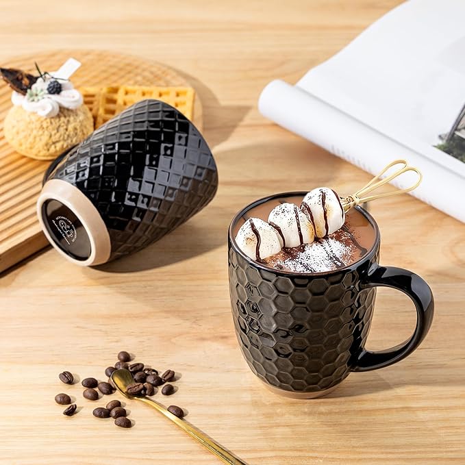 GBhome Large Coffee Mugs Set of 4, 16oz Handmade Embossed Coffee Mugs Set with Large Handle for Cappuccino/Latte/Tea/Hot Cocoa, Dishwasher & Microwave Safe, Black