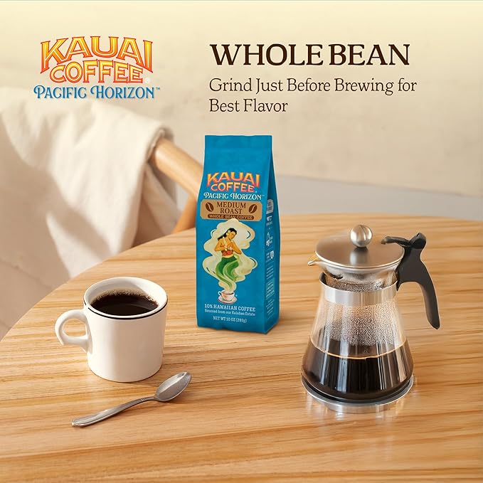 Kauai Coffee Whole Bean Coffee – Smooth,Non-Bitter Pure Arabica – Light Floral Notes & Bright Aroma-– Grown on Hawaii's Largest-Coffee Farm-– Koloa Estate Medium Roast of 10oz,(Pack of 4)