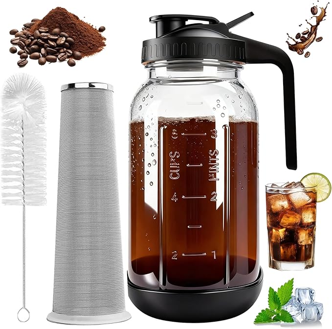 RuileMei Cold Brew Coffee Maker,64 oz mason jar pour spout lid, coffee carafe,Refillable Stainless Steel Filter,Non-slip silicone sleeve for glass pitcher, Homemade Beverage