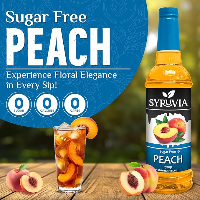 Syruvia Sugar-Free Peach Syrup, Flavored Syrup for Drinks, Cocktails, Lemonades, Iced Teas, and Desserts – 25.4 fl oz, With Pump
