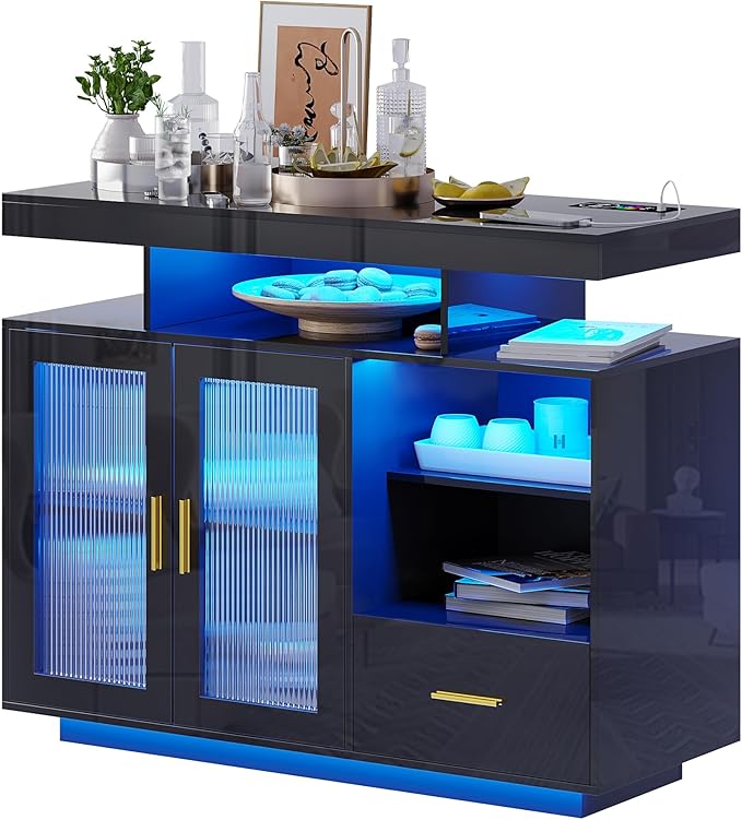 40" Wood LED Coffee Bar with Wireless Charging Station, Storage Coffee Bar Cabinet with 2 Doors and Shelves