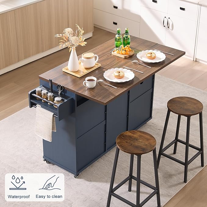 Okvnbjk 57" Kitchen Island with Storage & Drop Leaf — Kitchen Rolling Island with Trash Can Storage Cabinet, Large Mobile Island Cart on Wheels with Power Outlet, Spice & Towel Rack, Navy Blue