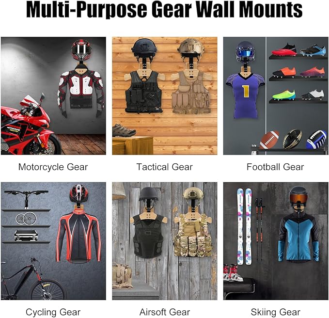 Tactical Gear Stand, Holds 100 LBS Wall Mounted Police Gear Rack, Heavy-Duty Body Armor Stand, Solid Wood Airsoft Plate Carrier Hanger, Motorcycle Helmet Holder Wall Mount Display