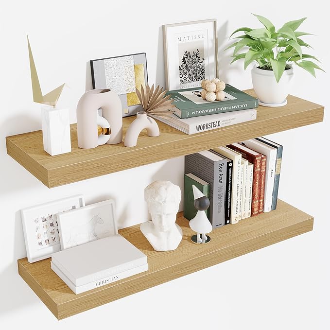 Fun Memories Floating Shelves for Wall 36 Inches, Wood Shelves with Invisible Bracket, 10" Deep Shelves Wall Mounted, Large Wood Floating Shelves for Living Room Bathroom, Oak, Set of 2