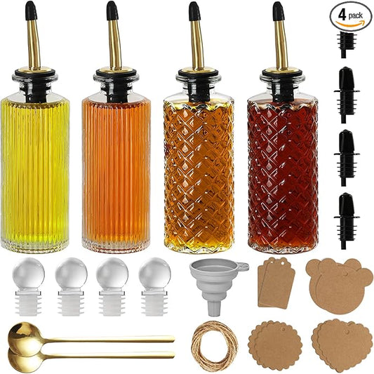 Coffee Syrup Dispenser Bottles, 4 Pack Glass Syrup Dispensers for Coffee Bar, 6.1 Fl Oz Small Maple Syrup Container Set with Golden Spoon, Vintage Oil Dispenser Bottle for Kitchen