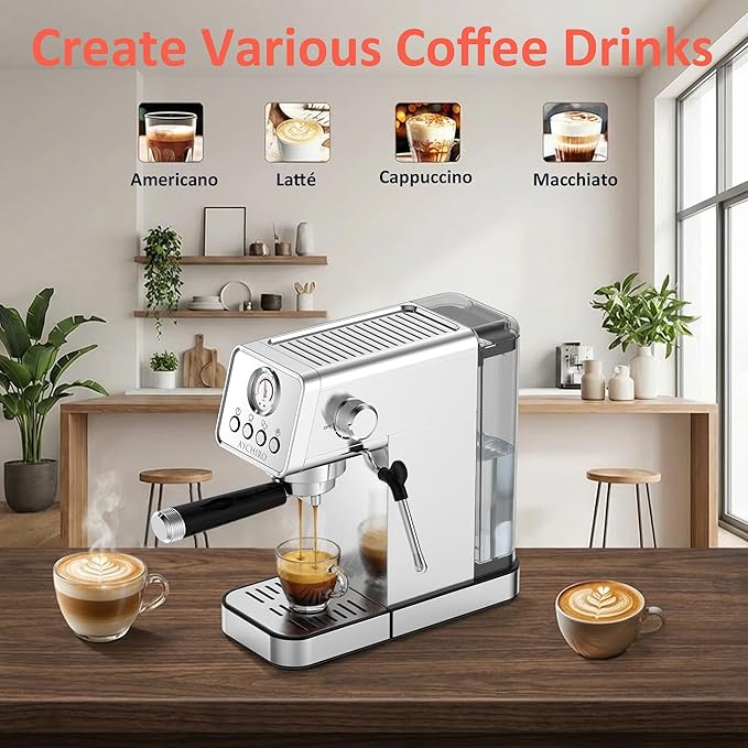 20 Bar Espresso Machine, Adjustable Espresso Machine with Milk Frother, Espresso Maker with Removable Water Tank, Compact Size for Home & Office, Cup Warmer for Home Barista