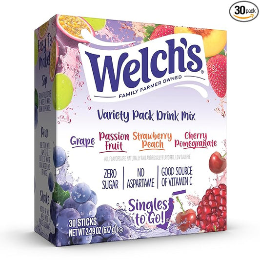 Welch's Singles To Go Variety Pack, Watertok Powdered Drink Mix, Includes 4 Flavors, Grape, Passion fruit, Strawberry Peach, Cherry Pomegranate, 1 Box (30 Servings)