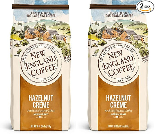New England Coffee Hazelnut Crème Medium Roast Ground Coffee, 18oz Bag (Pack of 2)