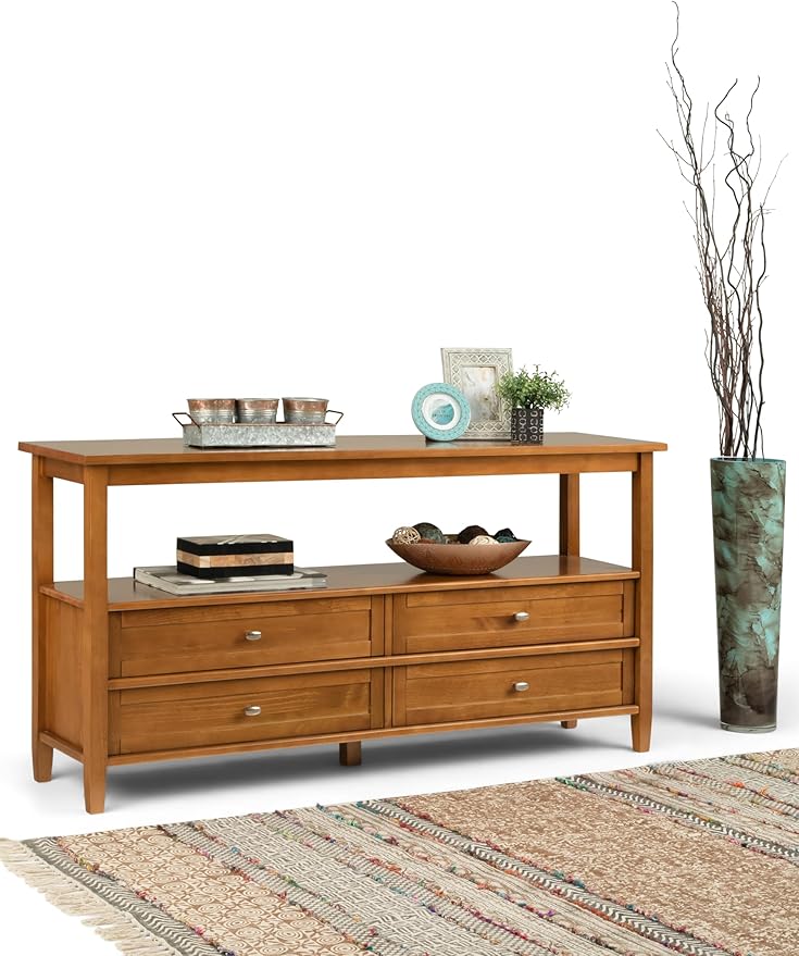SIMPLIHOME Warm Shaker Wide Console Table - 60 Inch Wide Solid Wood Sofa Table in Light Golden Brown, Transitional Storage Table for Living Room with 4 Drawers, Open Shelf, and Brushed Nickel Knobs