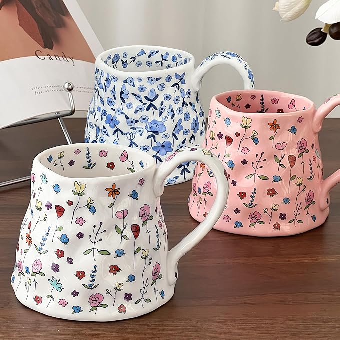 Large Ceramic Coffee Mug Cute Flower with Handmade Big Handle, 20oz Girly Blue Floral Tea Cup for Women Valentine Gift, Novelty Irregular Oversized Christmas Mugs for Latte Tea Milk Cocoa