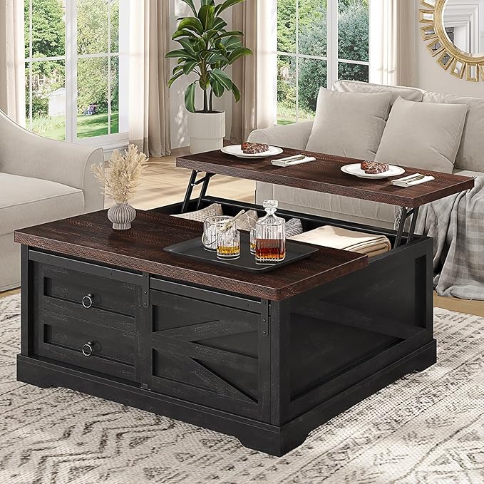 Itaar 39.4'' Lift Top Coffee Table with Storage, Farmhouse Coffee Tables for Living Room, Square Coffee Table with Large Hidden Compartment & 2 Drawers & Adjustable Shelves, Black