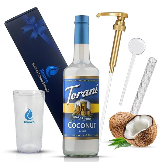 Jimoco Barista Set – Torani Sugar Free Coconut Syrup 25.4 oz, Jimoco Pump, Reusable Cup, Straw & Stirrer – Coffee, Italian Soda & Cocktail Flavoring Kit