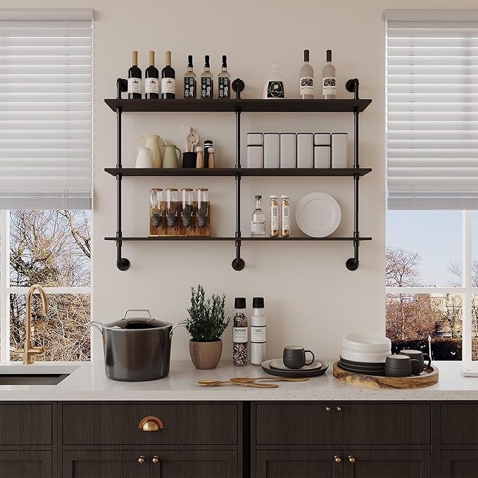 3-Tier Industrial Pipe Floating Shelf – Rustic 60 inch Wood Wall-Mounted Storage Shelf for Kitchen Office,Bathroom & Home Decor -Black
