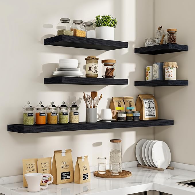 40 Inch Floating Shelves, 3D Textured Wood Grain, 40"x9.25"x1.5" Inch Deep Floating Shelves for Wall, Wooden Shelves for Bathroom, Bedroom, Living Room, Black, 1 Piece