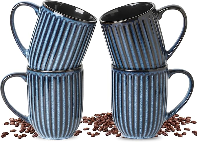 HASENSE Coffee Mugs Set, 16 oz Ceramic Coffee Cups, Ribbed Tea Cup Set of 4, Dishwasher & Microwave Safe, Wedding, Housewarming Gift, Navy Blue