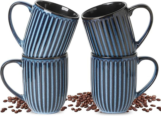 HASENSE Coffee Mugs Set, 16 oz Ceramic Coffee Cups, Ribbed Tea Cup Set of 4, Dishwasher & Microwave Safe, Wedding, Housewarming Gift, Navy Blue