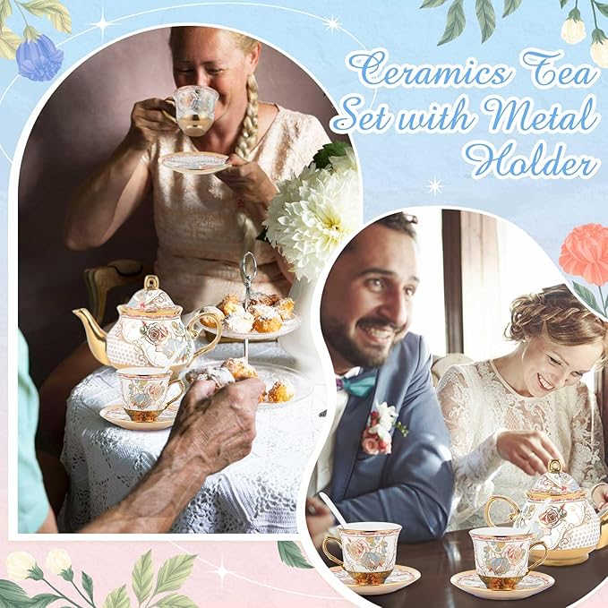 Zhehao 20 Pcs Porcelain Tea Set with Metal Holder and Spoon Adult Ceramic Tea Set European Flower Painting Teapot Cup Saucer Spoon for Women, Large Version(Minimalist Style)