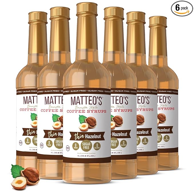 Matteo's Hazelnut Syrup for Coffee, Lattes, Cappuccinos & Desserts – Sugar-Free Sweetener for Beverages, Keto Friendly, Zero Calories, Indulgent Flavor, Non-Alcoholic, Ideal for Coffee 33.8oz (6pk)
