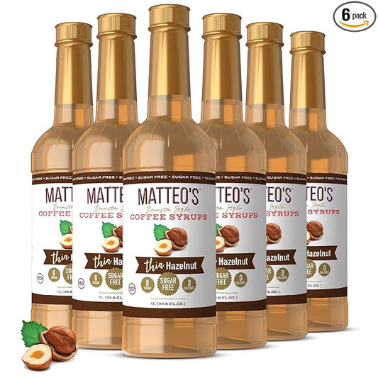 Matteo's Hazelnut Syrup for Coffee, Lattes, Cappuccinos & Desserts – Sugar-Free Sweetener for Beverages, Keto Friendly, Zero Calories, Indulgent Flavor, Non-Alcoholic, Ideal for Coffee 33.8oz (6pk)