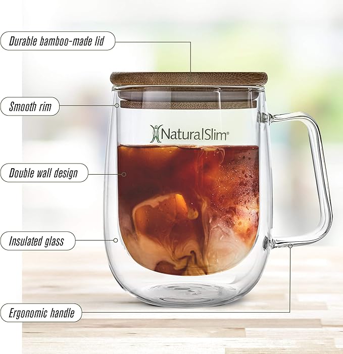NaturalSlim Double Wall Glass Coffee Mug w/Handle - Insulated Transparent Tea Mugs for Hot & Cold Beverages - Borosilicate Clear Drinking Cup w/Bamboo Made Lid - 400 ml. 13.5 oz.