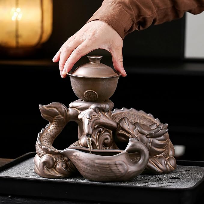 Semi Automatic Tea Set Ceramic Teapot with Infuser Magic Teapot with 8 cups (Antique Brass Dragon- D)