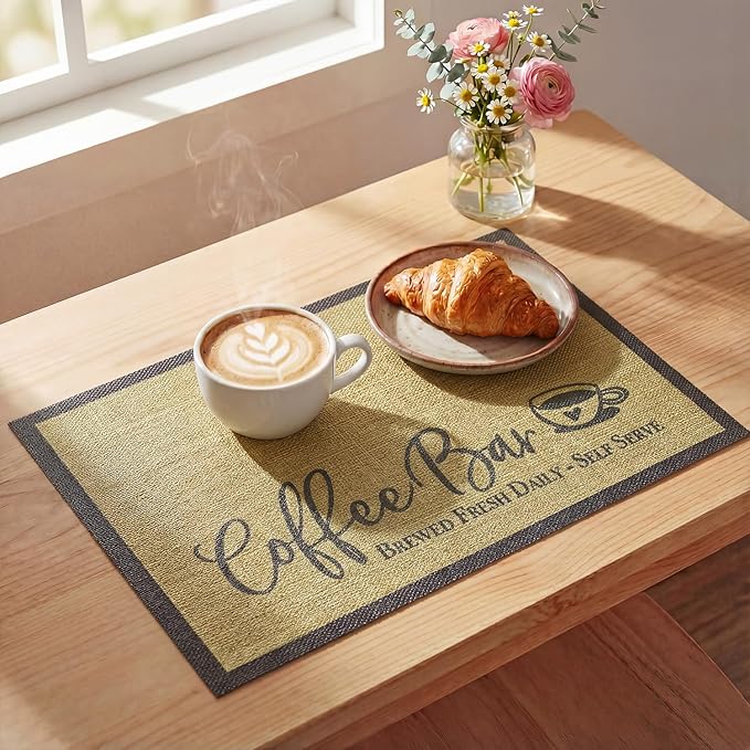 Artoid Mode Coffee Bar Mat Set of 2, Plastic Vinyl Washable Woven Non-Slip Table Mats for Coffee Machine Decor