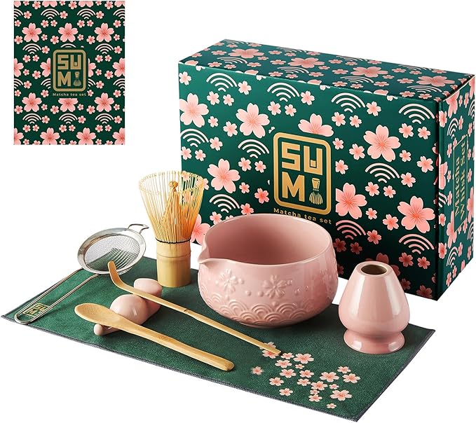 Matcha Whisk Set 9pcs – Matcha Tea Set with Ceramic Matcha Bowl, Bamboo Whisk (Chasen), Scoop, Sifter | Matcha Kit for Japanese Tea Ceremony & Beginners(Pink)