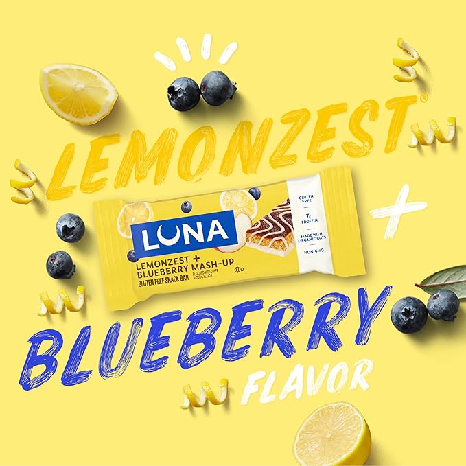 LUNA Bar - Mash-Ups LemonZest + Blueberry Flavor - Gluten Free Snack Bars - Non-GMO - Protein Bars - Made with Organic Oats (15 Pack)