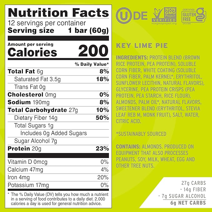 No Cow Vegan Protein Bars, Upgraded Key Lime Pie | 20g Plant Based Protein, Gluten Free, Dairy Free, Soy Free, Keto Friendly, Low Sugar, High Fiber Snack Bars | Pack of 12