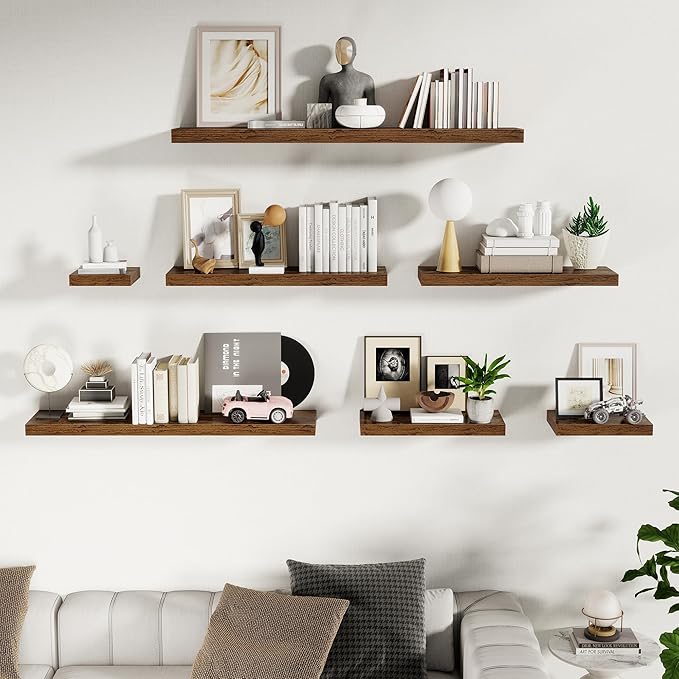 Fun Memories Floating Shelves for Wall - 10 x 16 Floating Shelf - Rustic Wood Storage Shelf - Wall Shelves with Invisible Bracket - 16" Bookshelves for Living Room & Bedroom - Rustic Brown - Set of 2