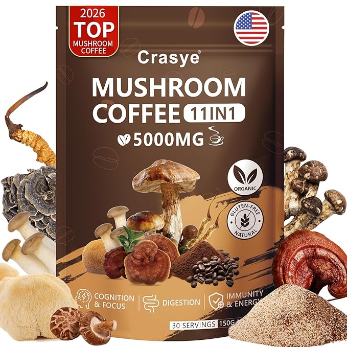 Organic Low Caffeine Mushroom Coffee 11 Superfood Instant Mushrooms Coffee with Ashwagandha, Shilajit, Lion's Mane, Reishi, Chaga & Collagen Arabica Coffe Powder Ground for Focus, Energy, Digestion and Immunity 30 Servings Cafe De Hongos