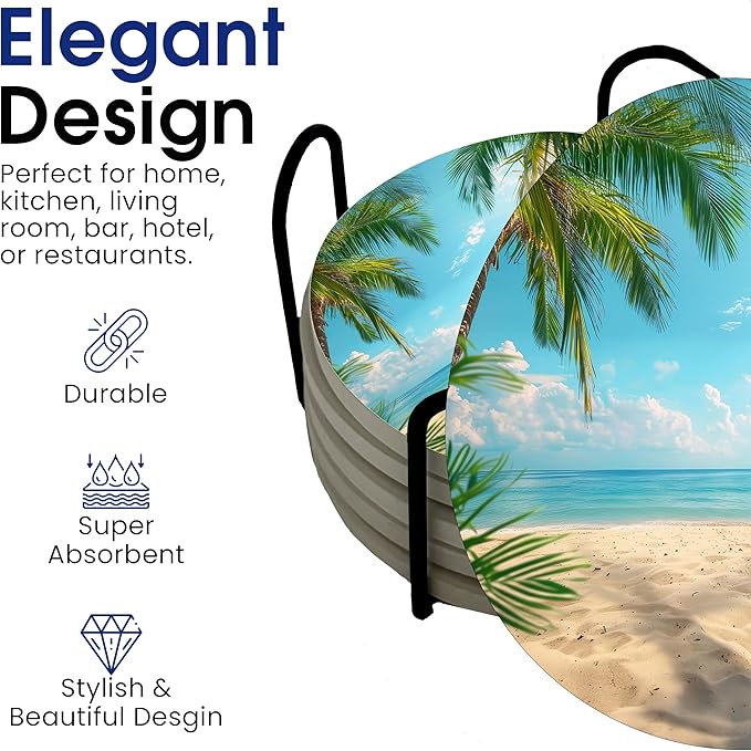 Summer Sunshine Beach Season Leaves Round Coasters Set of 6 - Abosrbent Ceramic Coasters with Metal Stand for Drinks, Coffee, Non-Slip Cork Back for Tabletop Protection, 4 Inches (Palm Tree)