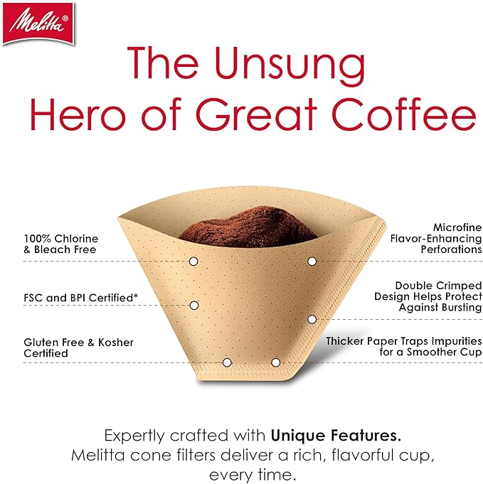 Melitta #4 Cone Coffee Filters, Natural Brown, 100 Count (Pack Of 6), 600 Total Filters - Fits all 8-12 Cup Cone Coffee Makers and Pour-Overs, Compostable, Tear-Resistant, Made in USA