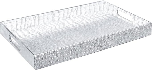 17.5"x12" Silver Glossy Crocodile Faux Leather Serving Tray Beautiful Modern Elegant Decorative Tray with Handles Ottoman Coffee Table Ottoman Perfume Makeup Display for All Occasion's