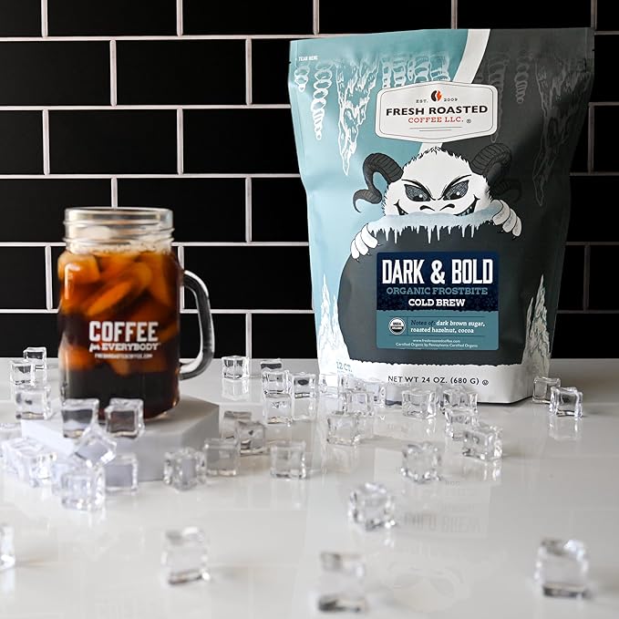 Fresh Roasted Coffee, Organic Dark & Bold Frostbite Cold Brew Coffee Filter Packs | USDA, Kosher | Dark Roast, 12 Count, 24 oz