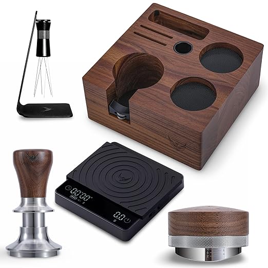 58mm Espresso Tools Set for Gaggia, Rocket, Lelit & ECM – Walnut Organizer Station, Spring Loaded Self Leveling Tamper, Distribution Tool, WDT Stirrer & Precision Digital Scale