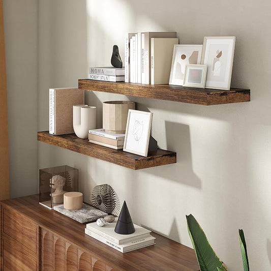 36 Inch Floating Shelves for Wall, 8 Inch Deep Floating Shelf for Storage & Display, Wall Mounted Shelf with Invisible Brackets for Living Room, Kitchen, Bathroom, Home Decor, Set of 2, Rustic Brown