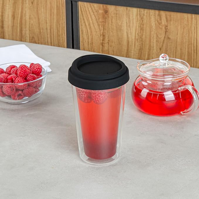 Restaurantware Glass Travel Mug 1 Count 14 Ounce Double Wall Borosilicate Reusable Coffee Cup, Spill-Resistant Black Silicone Lid, Clear Drinkware Mug for Hot and Cold Beverages
