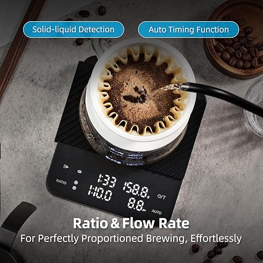 Coffee Scale with Timer, Rechargeable Digital Scale, Ratios & Flow Rate Display, Barista-Grade for Pour-Over, Espresso, French Press – 2kg/0.1g, Black