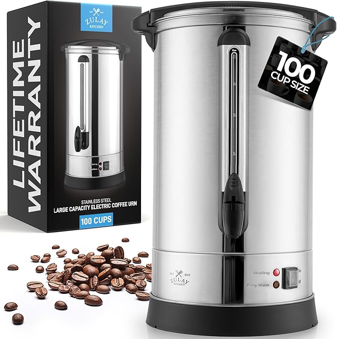 Zulay Commercial Grade 100 Cup Coffee Maker Hot Water Urn - Large Percolator Pot Dispenser With Double-Wall Stainless Steel, Quick Brew, Stays Hot for Tea & Beverage at Events & Catering - Silver