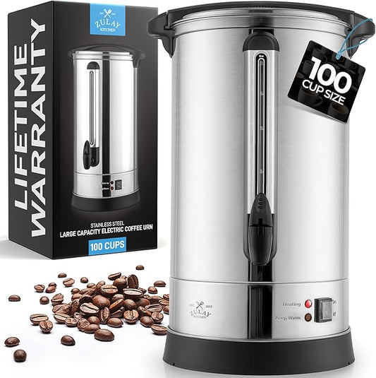 Zulay Commercial Grade 100 Cup Coffee Maker Hot Water Urn - Large Percolator Pot Dispenser With Double-Wall Stainless Steel, Quick Brew, Stays Hot for Tea & Beverage at Events & Catering - Silver