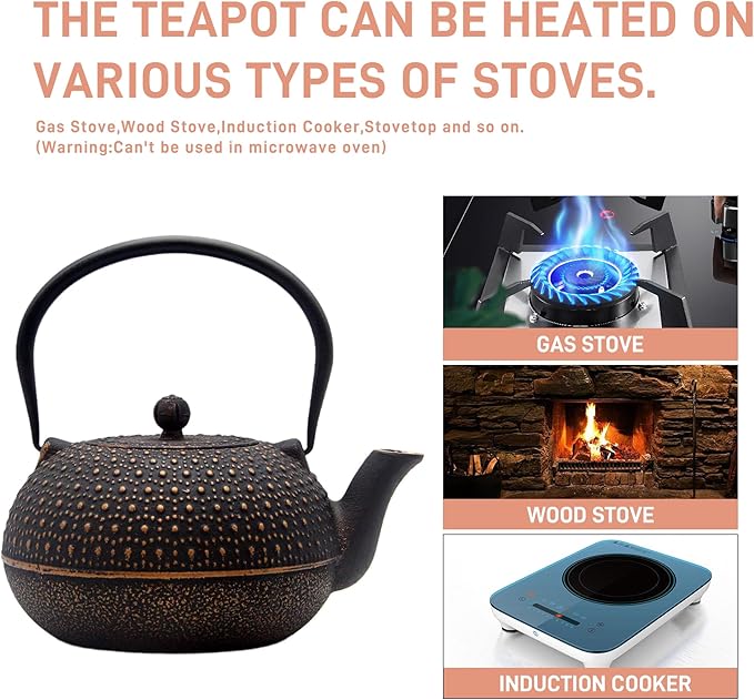 YJX 60.9oz Large Cast Iron Teapot for Stovetop Safe, 6 Cup Tea Kettle, Japanese Tetsubin, Teapot with Stainless Steel Infuser for Loose Tea, Tea Pot Enameled Interior (1.7QT/1.8L)