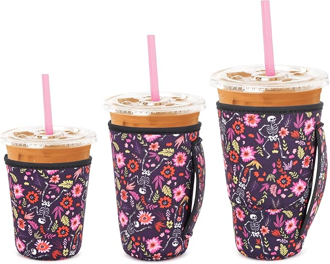 3 Pack Iced Coffee sleeve Insulated Neoprene Cup Sleeves with handle For Cold Drinks Beverages, Reusable Cup Holder for 16oz-32oz Coffee Cups (Skeletons Floral)