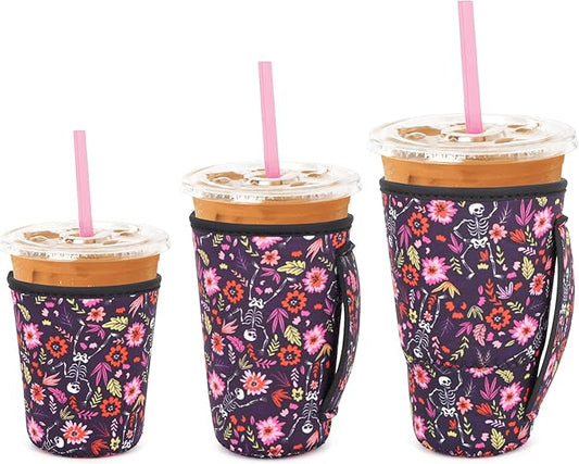 3 Pack Iced Coffee sleeve Insulated Neoprene Cup Sleeves with handle For Cold Drinks Beverages, Reusable Cup Holder for 16oz-32oz Coffee Cups (Skeletons Floral)