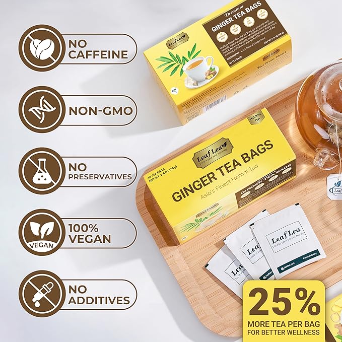 LeafLea 160 Ginger Tea Bags, Pure Ginger Root Herbal Tea, Spicy & Comforting, Supports Digestion & Immune Health, Caffeine Free, Sugar Free, Non-GMO, Vegan, Individually Wrapped for Freshness