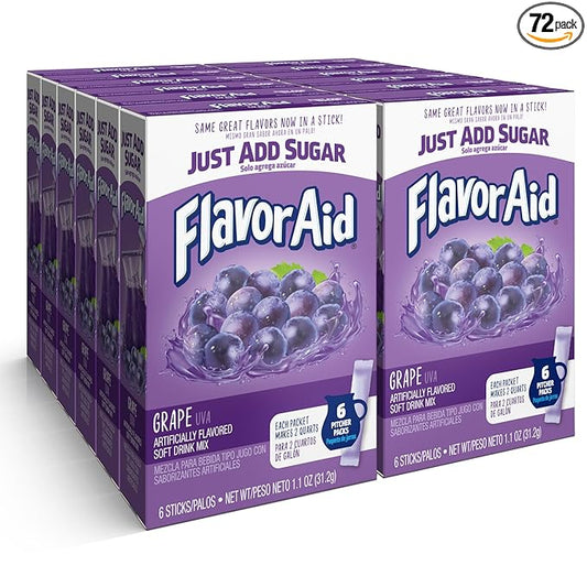 Flavor Aid Grape Unsweetened Drink Mix Pitcher Packets, 2 Quart (6 Sticks), 72 Count